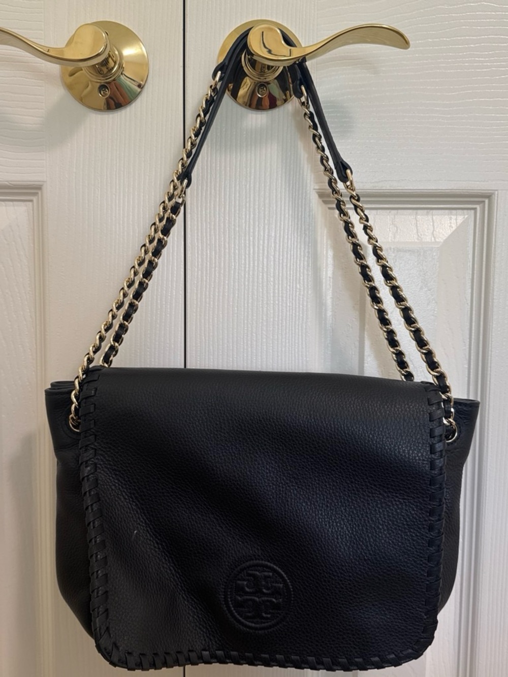 Black Tory Burch Marion Combo Black Leather Whipstitch Crossbody Bag with Gold